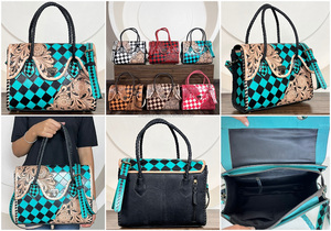 Bolso Tote de Cuero Genuino de Vaca Hecho a Mano Premium 2026 con Patrón a Cuadros y Floral, Bolso de Hombro Estilo Vaquera, Bolso de Diseñador - Product Image 3