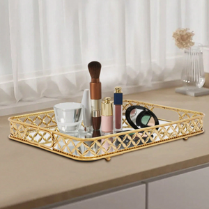 Handcrafted Vanity Tray Gold Plated Brass metal Modern Rounded Decorative Perfume <b>Mirrored</b> Storage Vanity Tray - Product Image 4