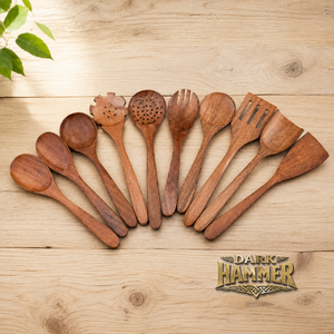 Ensemble d'ustensiles de cuisine en bois faits à la main, 10 pièces, cuillères et spatules de cuisson en teck de qualité supérieure, ustensiles de cuisson antiadhésifs, ensemble de service médiéval - Product Image 2