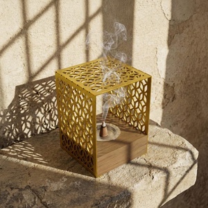 <b>Laser</b>-Cut Metal <b>Cube</b> Incense Burner - Geometric Patterned Screen With Wooden Base. Modern Arabic Decor For Home & Ramadan - Product Image 3