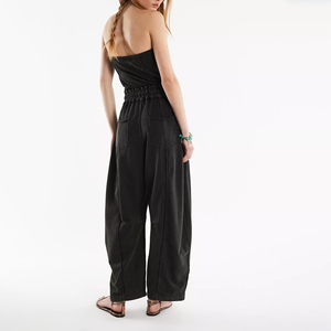 Mono de verano sin tirantes azul acuamarina sin mangas con estampado de moda para mujer, pantalón recto de pierna ancha, overol holgado de verano - Product Image 5