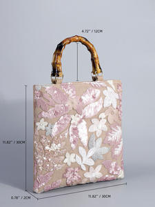 Fashion Linen Beading <b>Sequined</b> <b>Handbag</b> Floral Embroidered Bamboo Handle Tote Bag for Women Ladies - Product Image 6