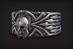 Premium Designer 925 <b>Silver</b> Spartan Skull <b>Ring</b> Warrior Helmet Wide Band <b>Men</b> Women Fashion Jewelry - Product Image 3