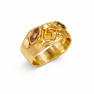 แหวนพลอยหลายเม็ดทรงสี่เหลี่ยมธรรมชาติ ทองเหลืองชุบทอง ทำมือ ดีไซน์ทันสมัย สำหรับผู้หญิง ขายส่ง - Product Image 1