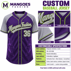Camiseta de Béisbol para Hombre Mangoes Fashion, Manga Corta, Cierre de Botones, Color Morado Grisáceo, Absorbe la Humedad, Uniforme de Equipo, 100% Poliéster - Product Image 6