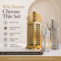 Decoración islámica al por mayor, juego de 3 faroles grandes de metal para Ramadán, Fanoos para Eid Majlis, decoración para el hogar y eventos.