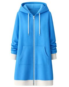 <b>Blue</b> Long Zip <b>Hoodie</b> <b>Womens</b> Winter Fleece Hooded Sweatshirt Coat With Kangaroo Pockets Casual Warm Outerwear OEM Custom Factory - Product Image 1
