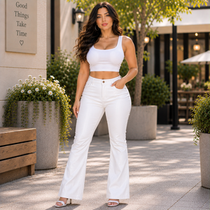 Pantalon en cuir de mouton blanc tendance pour femme, coupe ample, jambe large, taille haute élastique, pantalon en cuir pour femme - Product Image 6