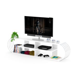 FurnisHome Store 68 Inch White/Chrome Mid Century Modern TV Stand 4 Shelves Open Storage <b>Entertainment</b> <b>Centre</b> - Product Image 1