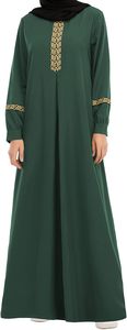 Women Green Solid Color <b>Abaya</b> Long Sleeve Round Neck Floor Length Modest Dress With Embroidery Detail Middle East Style - Product Image 5