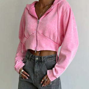 Sweats à capuche d'hiver en molleton de coton délavé à l'acide avec fermeture à glissière pour femmes Panneaux au design personnalisé - Product Image 3