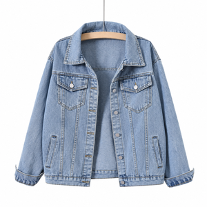 Veste en jean délavé bleu clair pour femme, col rabattu classique, manches longues, style décontracté, veste de routier, logo personnalisé - Product Image 1