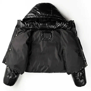 Chaqueta Acolchada Negra con Capucha para Mujer, Manga Larga, Relleno de Poliéster, Cortavientos, Abrigo de Invierno, Cierre de Cremallera, Corte Corto - Product Image 2