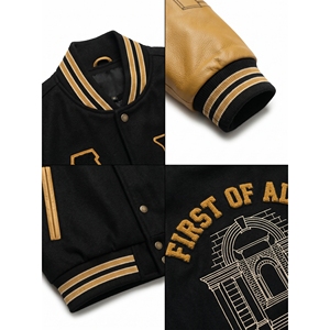 Veste universitaire de style streetwear haut de gamme pour homme, en laine méltone épaisse, avec logo brodé sur le devant en cuir véritable, personnalisable OEM. - Product Image 4