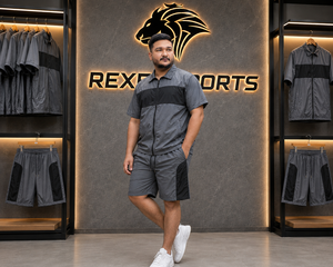 REXFIT SPORTS 2026 ชุดกีฬาแขนสั้นผ้าไนลอนสีเทาเหล็กสำหรับผู้ชายแบบกำหนดเอง เสื้อซิปเต็มตัวและกางเกงขาสั้น ชุดออกกำลังกายแบบสั่งทำ - Product Image 2