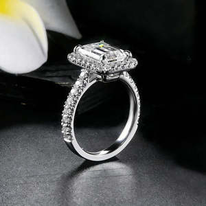 Premium <b>Emerald</b>-Cut Moissanite Halo Engagement <b>Ring</b> 925 Sterling <b>Silver</b> Prong Setting Elegant Bridal Band Rhodium Plated - Product Image 3