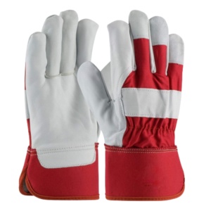 Gants de travail en cuir de vachette grainé de qualité supérieure, résistants à la chaleur, anti-vibrations, dos rouge, doublure en tissu de coton perforé, manchette caoutchoutée de sécurité - Product Image 1