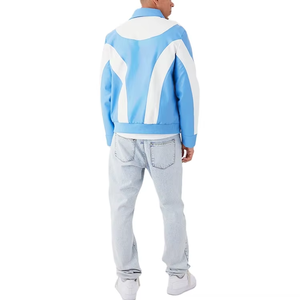 Veste en similicuir PU bleu personnalisée pour homme, style moto, coupe carrée, avec fermeture éclair et blocs de couleur, collection automne - Product Image 6