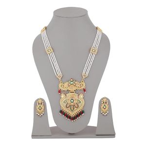 Collar largo de aleación chapado en oro indio con diseño de moneda, conjunto de pendientes, joyería étnica para mujer, diseño Rani Haar dorado para boda - Product Image 3
