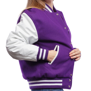 Women's Street Style Varsity <b>Jacket</b> Polyester/Cotton Knitted Breathable Body Regular Sleeves Cotton Filled Sheep Skin <b>Leather</b> - Product Image 5