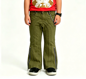 Pantalon évasé vert olive pour homme, style punk, taille basse, avec fermetures éclair aux chevilles, rivets et chaînes - Product Image 4