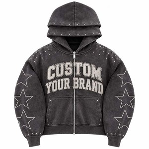 Sudadera con capucha personalizada con cremallera para hombre, estilo oversize, de algodón y forro polar, con estrellas y pedrería, disponible en todas las tallas. - Product Image 1