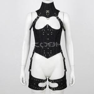 Corset en denim noir de qualité supérieure, style gothique et mode, avec harnais pour le cou et les jambes - Product Image 1