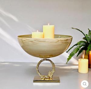 Modern Brass Candle Holder with Beige Marbled Bowl and Ring Base Decorative <b>Lighting</b> for Living Room - Product Image 1