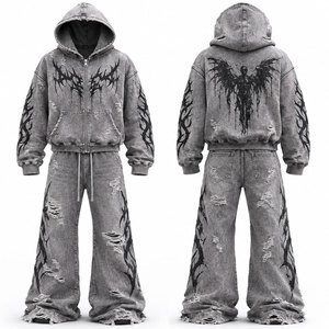 Conjunto Deportivo Gótico Estampado de Tallas Grandes, Unisex, con Capucha, Cierre de Cremallera, Pantalones Largos, Corte Holgado, Color Gris Lavado, 100% Algodón, Invierno - Product Image 1