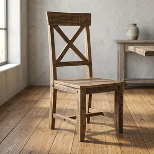 Rustic Reclaimed Wooden Dining <b>Chair</b> with X Backrest Farmhouse Style <b>Vintage</b> Solid Wood Seating - Product Image 6