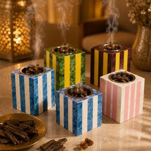 Brûleur d'encens de luxe en os incrusté, design rayé, en résine rose, brûleur de Bakhoor islamique avec coupelle en laiton pour Ramadan, Aïd, décoration arabe, cadeau - Product Image 5