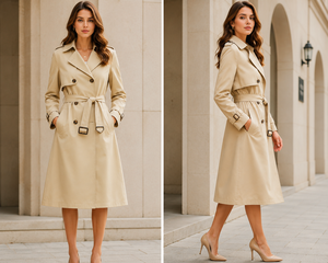 Women's Elegant Double Breasted <b>Trench</b> Coat Long Beige Woven Cotton Polyester Belted Winter <b>Waterproof</b> Windproof Full Sleeve - Product Image 2