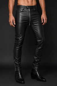 Premium Genuine Leather Pants Men Slim Fit <b>Black</b> Clubwear Two Way Front Zipper Five <b>Pocket</b> Ankle Zipper Custom OEM Wholesale - Product Image 4