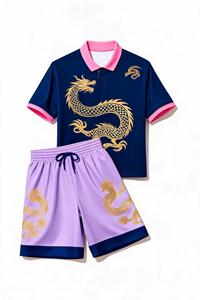 Ensemble polo et short en polyester imprimé dragon pour l'entraînement aux arts martiaux, respirant, à porter toute l'année - Product Image 1