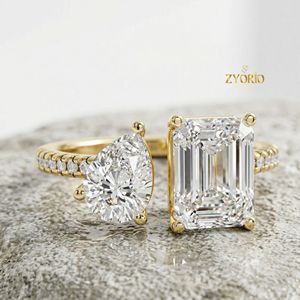 14K Gold Pear & Emerald Cut Lab Grown Diamond Luxury Two Stone Engagement <b>Ring</b> for Women <b>Fine</b> Jewelry - Product Image 1