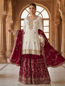 Traditional Indian Pakistani Wedding <b>Lehenga</b> Set <b>Women</b> Maroon White Embroidered Pure Chinon Slik Floor-Length Dress Stretchable - Product Image 3