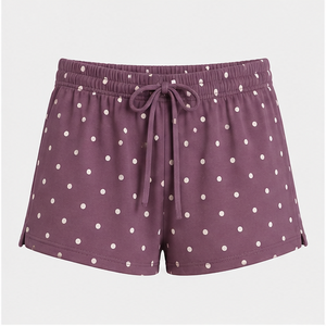 Custom Dusty Plum <b>Polka</b> <b>Dot</b> Womens Loose A-Line Fit Drawstring Lounge Shorts Fluid Modal-Spandex Jersey WPSHORT-0028 - Product Image 1
