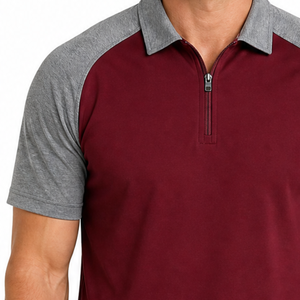 Polo pour homme en gros, à blocs de couleur, manches courtes, fermeture éclair, décontracté, bordeaux, gris clair, séchage rapide, coupe classique - Product Image 3