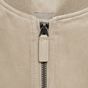 <b>Men's</b> Beige <b>Suede</b> Bomber <b>Jacket</b> Stand Collar Zipper Closure Casual Regular Fit Autumn Wear - Product Image 6