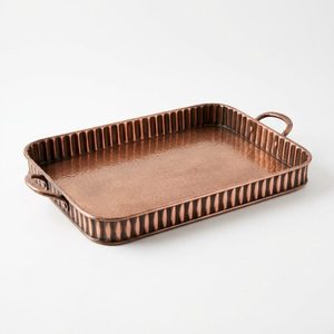 Bandeja de Bar de Cobre Antiguo Hecha a Mano de 41 cm con Diseño Acanalado Mandala y Nervaduras Brillantes para Decoración del Hogar, Hoteles, Bodas, Mesa, Ideas de Regalo - Product Image 1