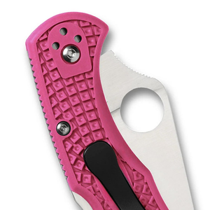 Couteaux pliants à manche texturé rose avec lame en acier inoxydable argenté à bord lisse, trou d'ouverture circulaire pour le pouce et pochette noire - Product Image 6