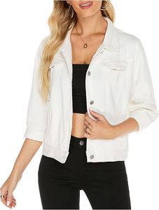 Chaqueta vaquera blanca para mujer, estilo camionero, de otoño, ecológica, transpirable, cortavientos, acolchada, de manga larga, tres cuartos, de nailon - Product Image 4