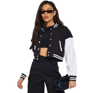 Women's Black And White Varsity <b>Jacket</b> With Contrast Color <b>Long</b> Sleeve Turn-down Collar Zipper Closure Autumn Wear - Product Image 4