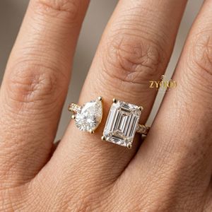 <b>925</b> Sterling <b>Silver</b> Pear & Emerald Cut Lab Grown Diamond Two Stone Engagement <b>Ring</b> for Women Luxury Bridal Jewelry - Product Image 4