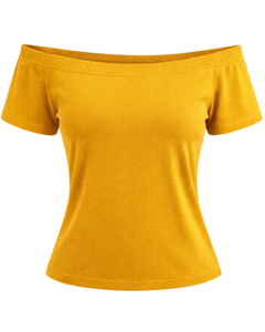 T-shirt femme jaune moutarde à épaules dénudées, manches courtes, coupe ajustée, décontracté, été, en coton doux, personnalisable, fabricant OEM - Product Image 1