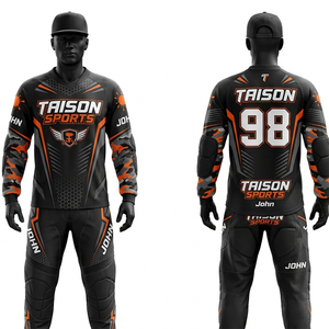 Camiseta de paintball para hombre, 170 GSM, malla de poliéster premium que absorbe la humedad, paneles de camuflaje negro, gris y naranja, logotipo personalizado por sublimación. - Product Image 6