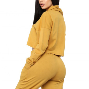 Conjunto Deportivo de 2 Piezas para Mujer, Color Amarillo Mostaza, con Capucha, de Poliéster/Nailon, Forro Polar, Manga Larga, Color Sólido, Estilo Casual - Product Image 2