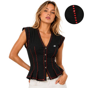 Haut peplum sans manches noir à boutons avec garniture en strass personnalisée, couture en cristal rouge, chemise pour femme, streetwear d'été, directement de l'usine - Product Image 1