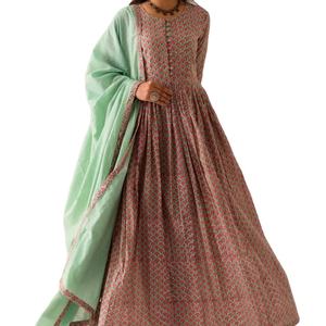 Mint Pink BlockPrint Maxi Suit Set Indian Fashion Styling Quality <b>Kurti</b> and Pants From Indian Manufacturer - Product Image 1