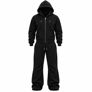 Ensemble de survêtement unisexe noir à capuche avec fermeture éclair intégrale et poches latérales, coupe classique, streetwear décontracté, vêtements d'automne, pantalon de survêtement 100% coton - Product Image 1